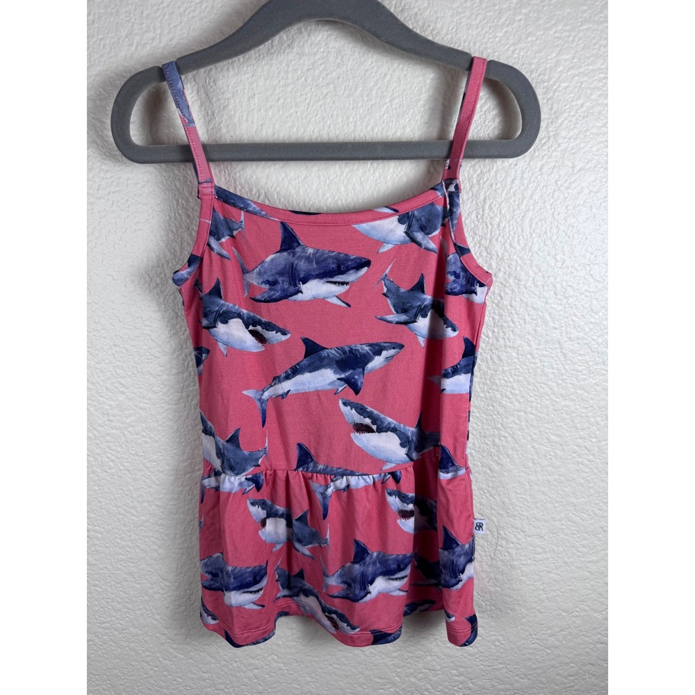 Bums and Roses‎ Shark Print Peplum Cami Top Kids 4T Pink Bamboo Viscose Stretch